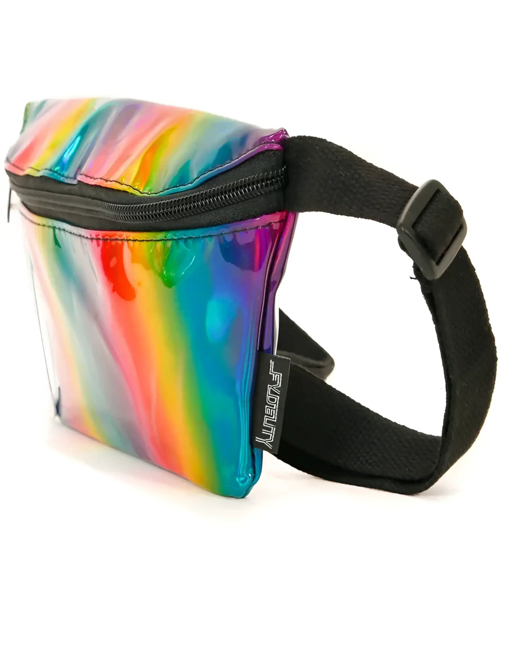 Ultra slim fanny pack with a shiny rainbow holographic finish black zipper and adjustable strap for hands-free carrying