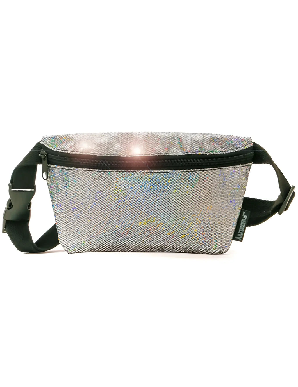 Ultra slim fanny pack in silver holographic material with black zipper and adjustable strap for hands-free use
