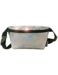 Ultra slim fanny pack in silver holographic material with black zipper and adjustable strap for hands-free use