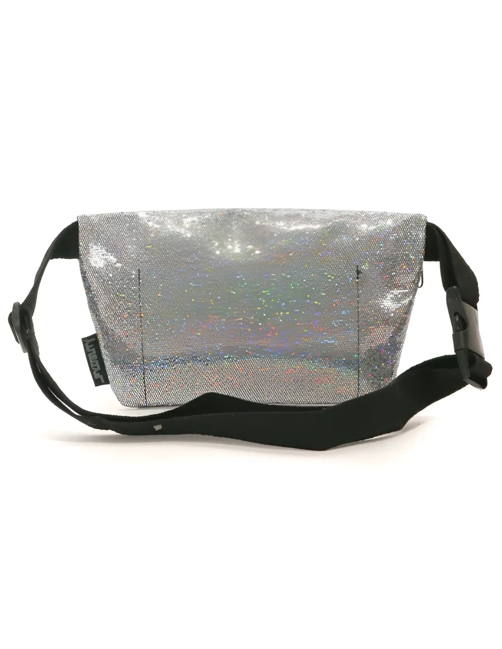 Ultra slim fanny pack with silver holographic glitter and black adjustable strap for hands free carrying