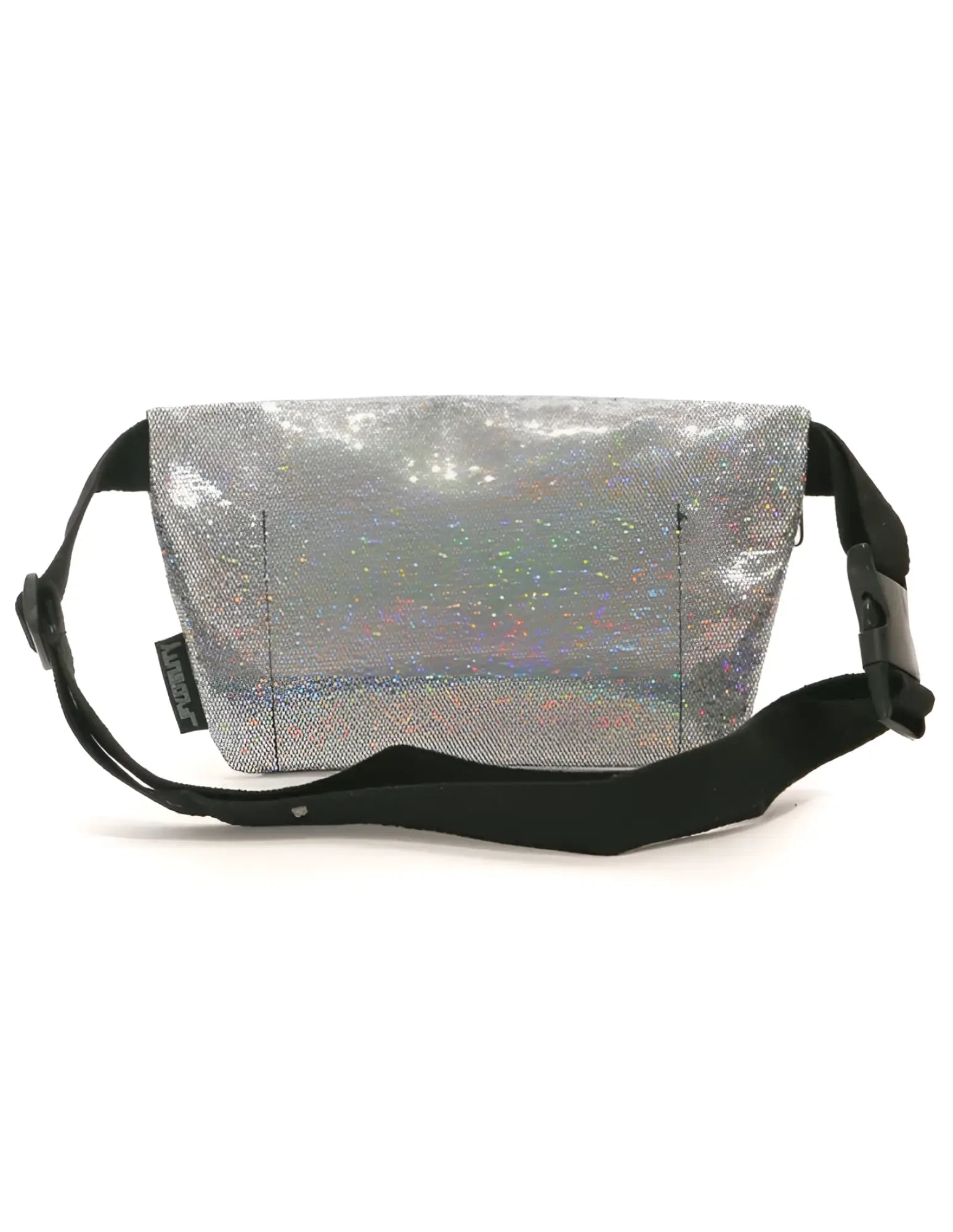 Ultra slim fanny pack with silver holographic glitter and black adjustable strap for hands free carrying