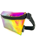 A vibrant holographic ultra slim fanny pack with rainbow iridescent finish black zipper and strap