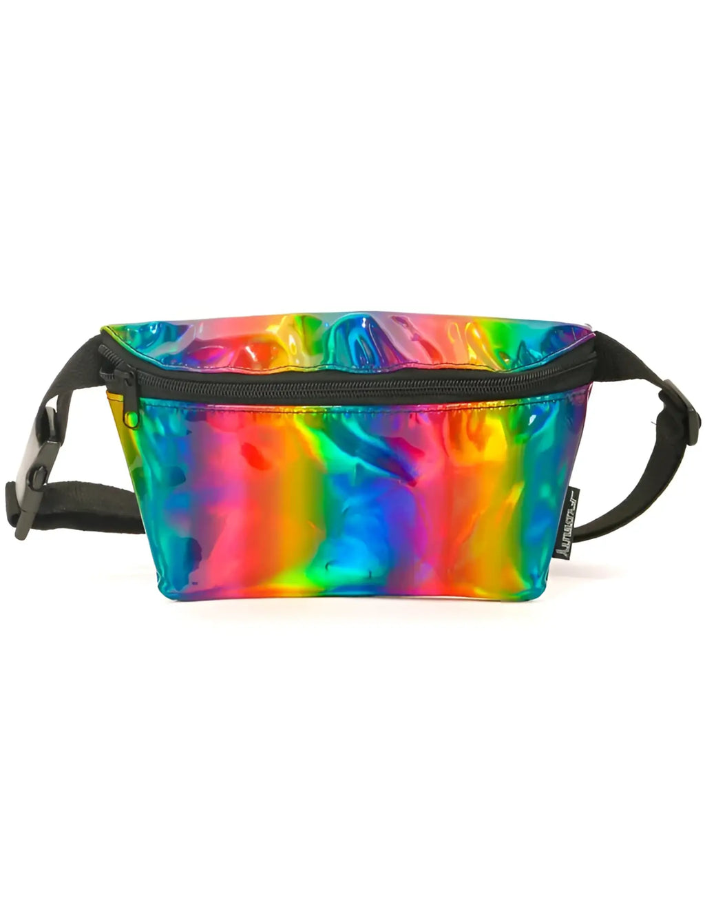 Ultra slim fanny pack with vibrant holographic rainbow pattern black zipper and adjustable strap for hands free use