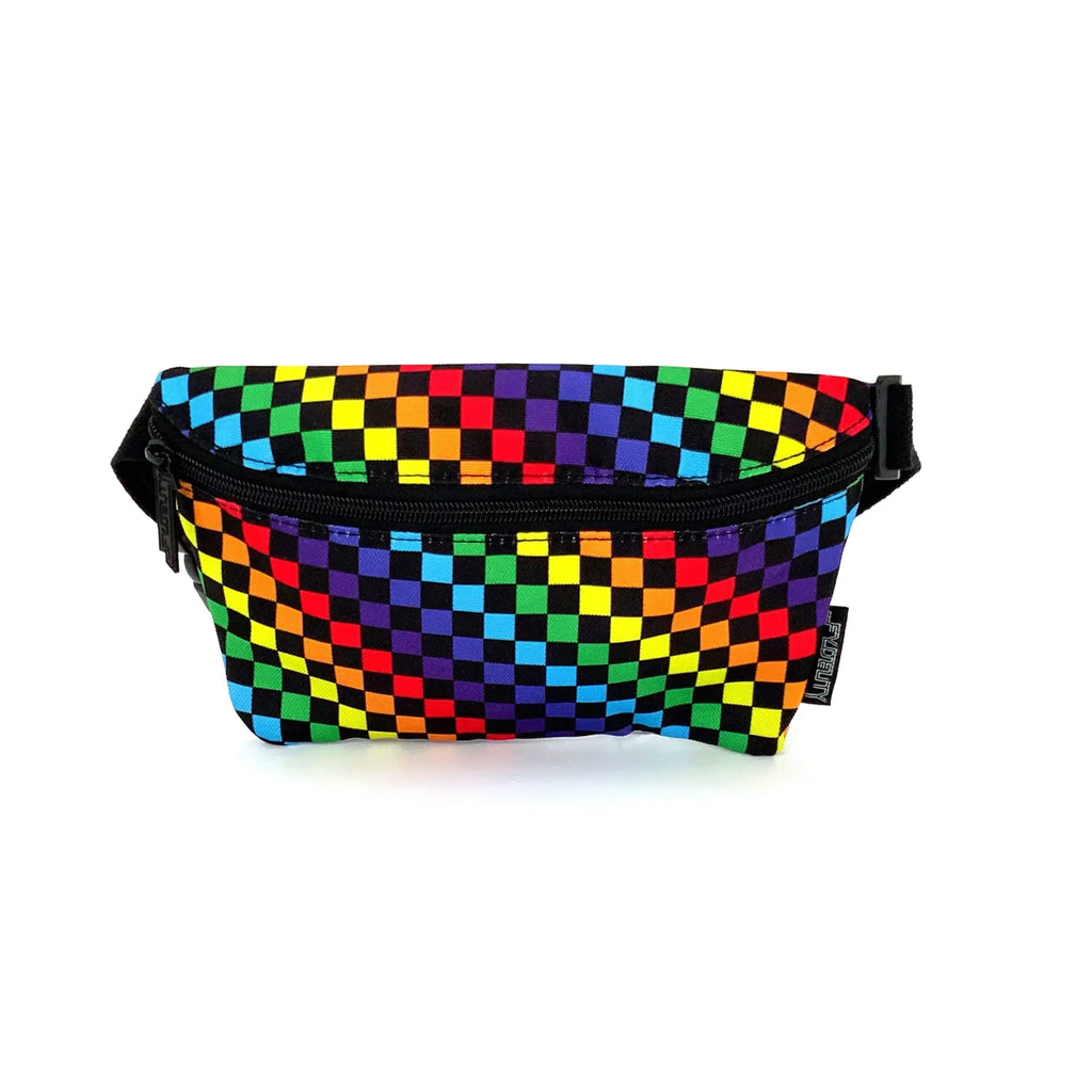 Ultra slim fanny pack with vibrant rainbow checkered pattern black zipper and adjustable strap for easy wear