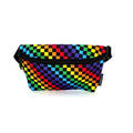 Ultra slim fanny pack with vibrant rainbow checkered pattern black zipper and adjustable strap for easy wear