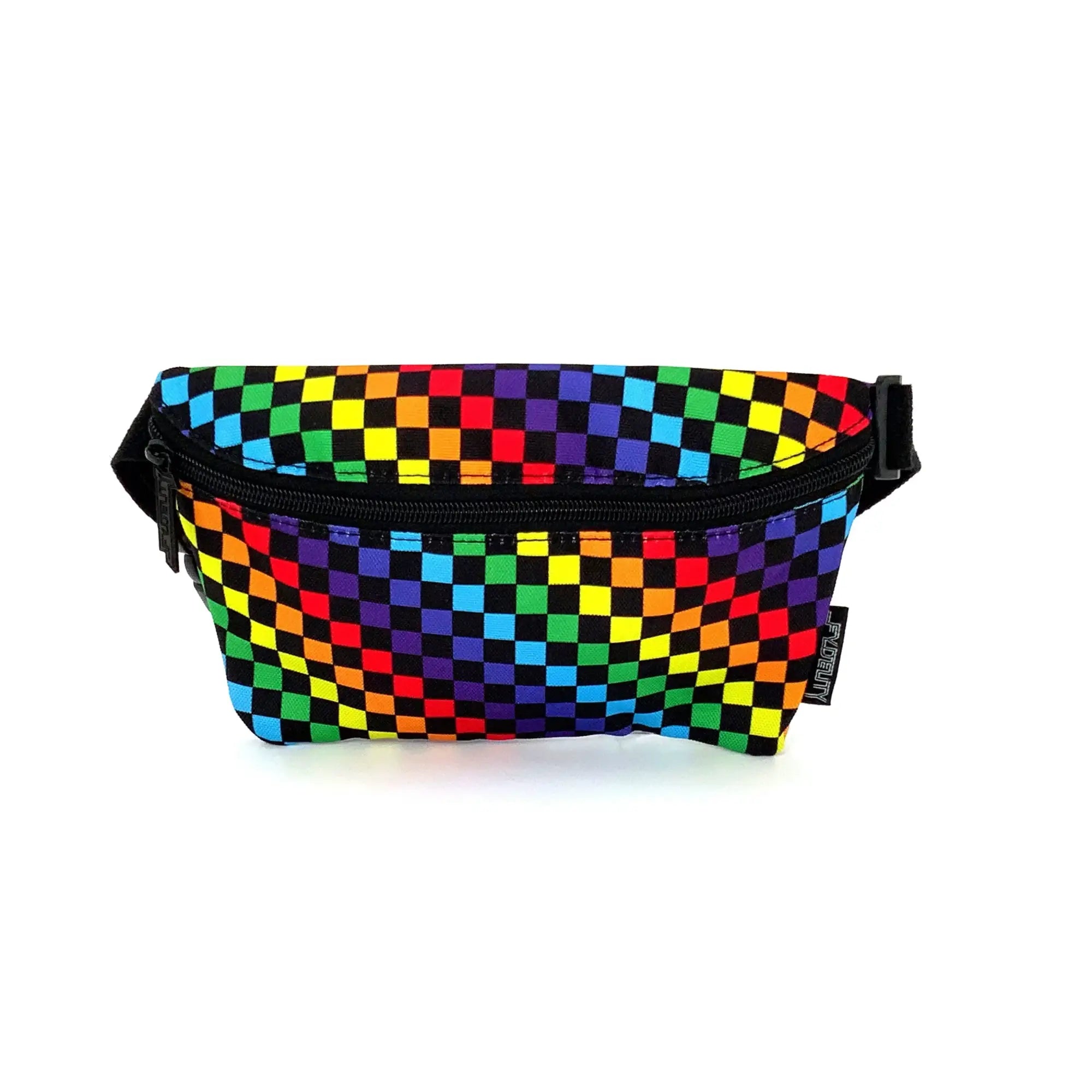 Ultra slim fanny pack with vibrant rainbow checkered pattern black zipper and adjustable strap for easy wear