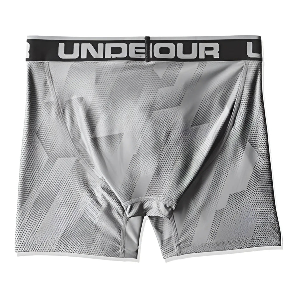 Under armour original 6in boxerjock printed grey boxer briefs with geometric pattern and black waistband size xs