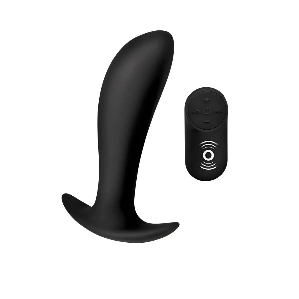 Under Control black silicone prostate vibrator with a matching compact wireless remote on a white background.