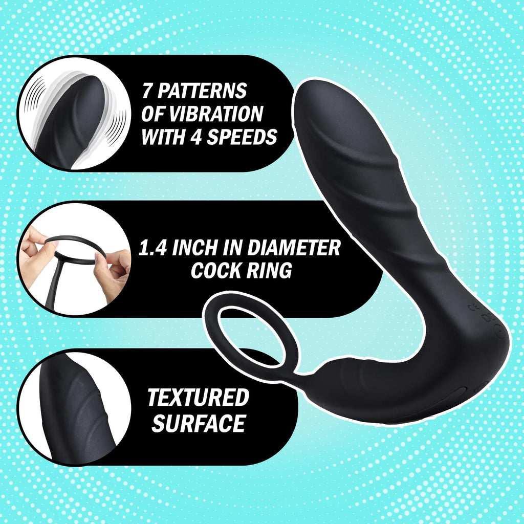 Black, silicone Under Control prostate vibrator with a textured, curved wand and a 1.4-inch diameter cock ring.