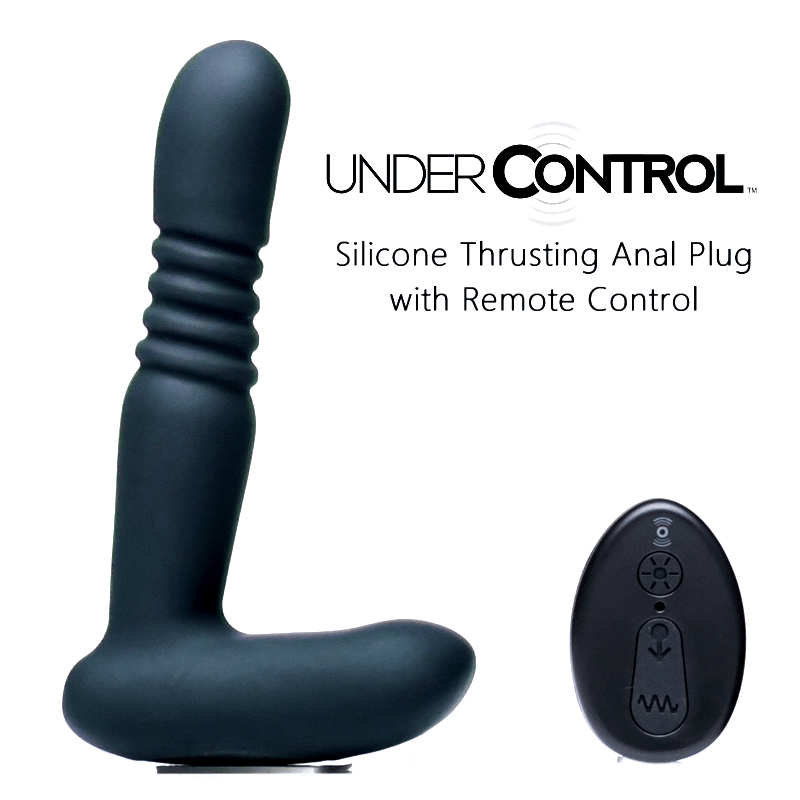 Black Under Control silicone thrusting anal plug with ridged shaft, L-shape base, and matching remote control.