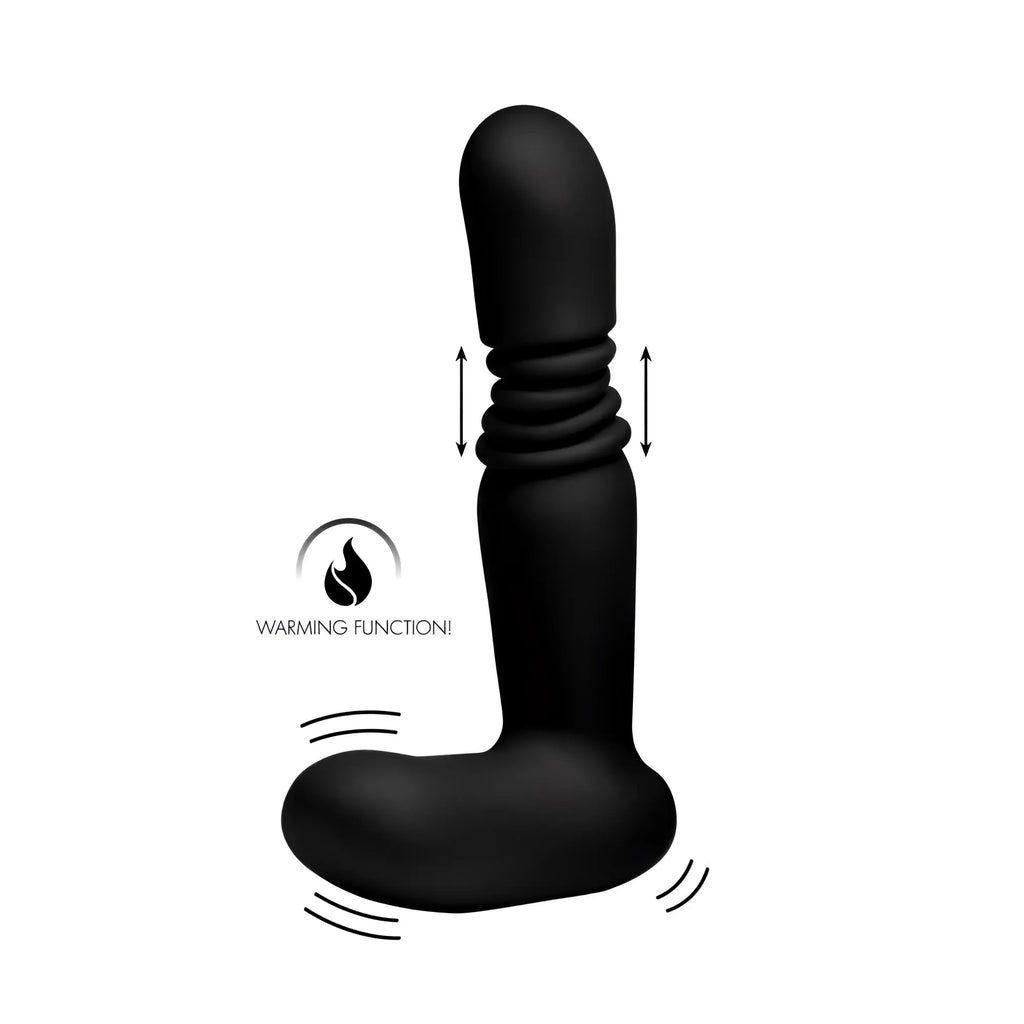 Black Under Control silicone thrusting anal plug with a warming function icon and motion arrows.