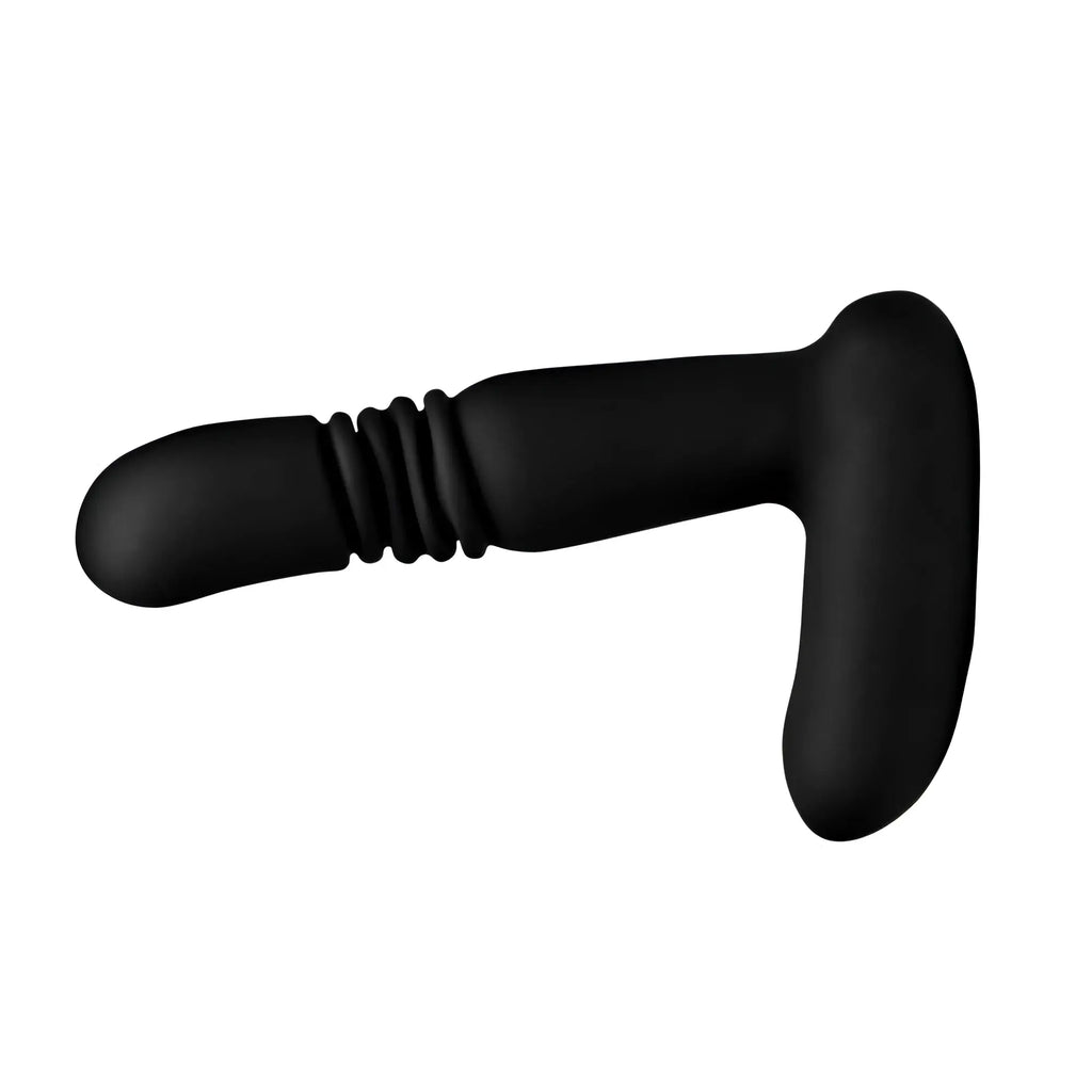 Under Control black silicone thrusting anal plug with a ribbed shaft and a curved, T-shaped base.