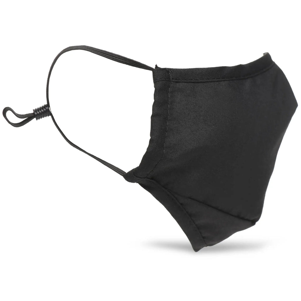 Black under cover ball gag face mask with adjustable elastic ear loops and spring-loaded toggle for secure fit