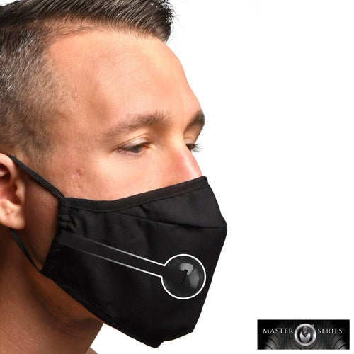 Under cover ball gag face mask black fabric with white outlined circular design featuring stylized 7 on front