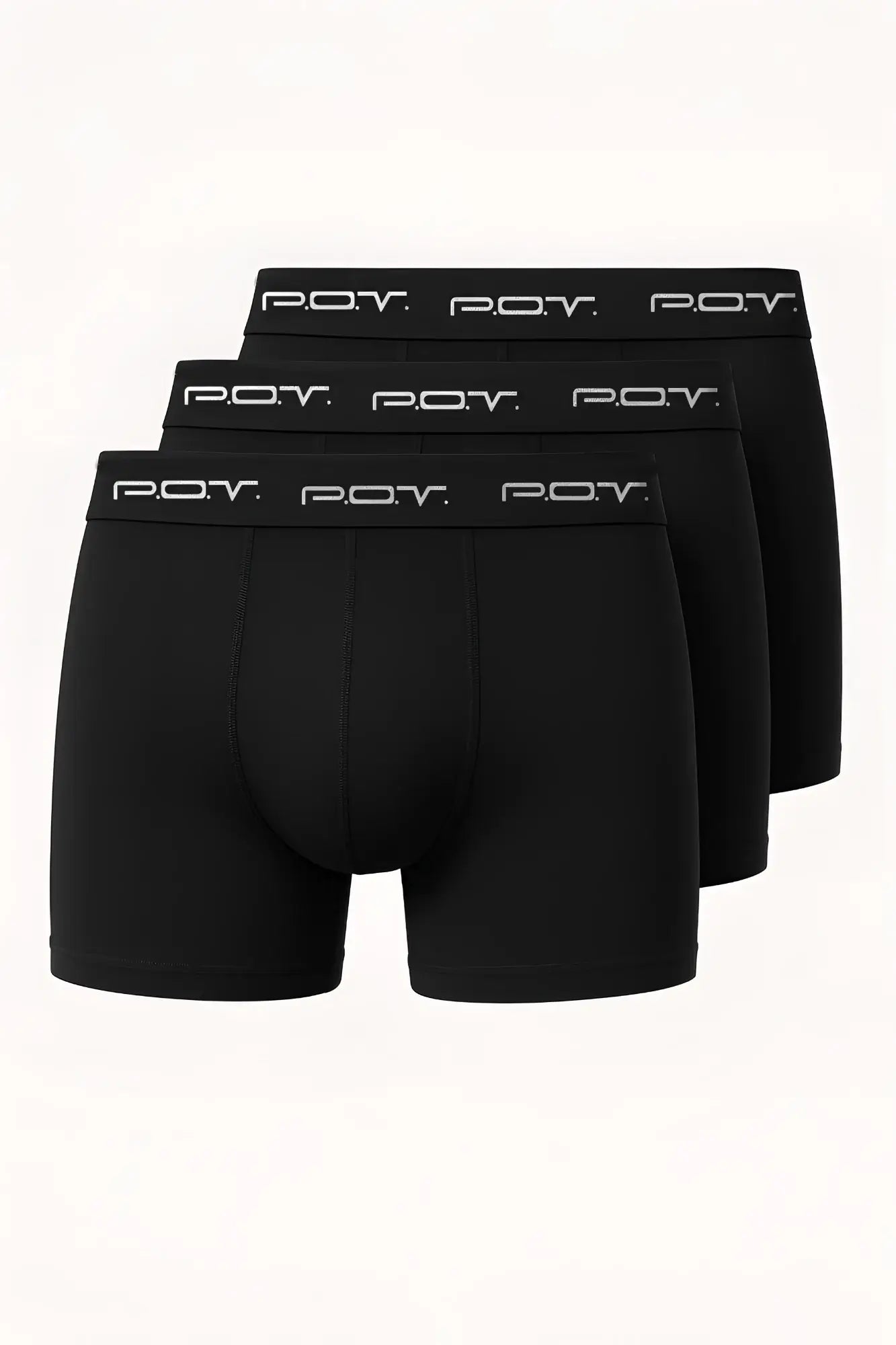 Black men’s boxer briefs 3-pack with white pov logo on waistband made of 100 percent cotton for comfort