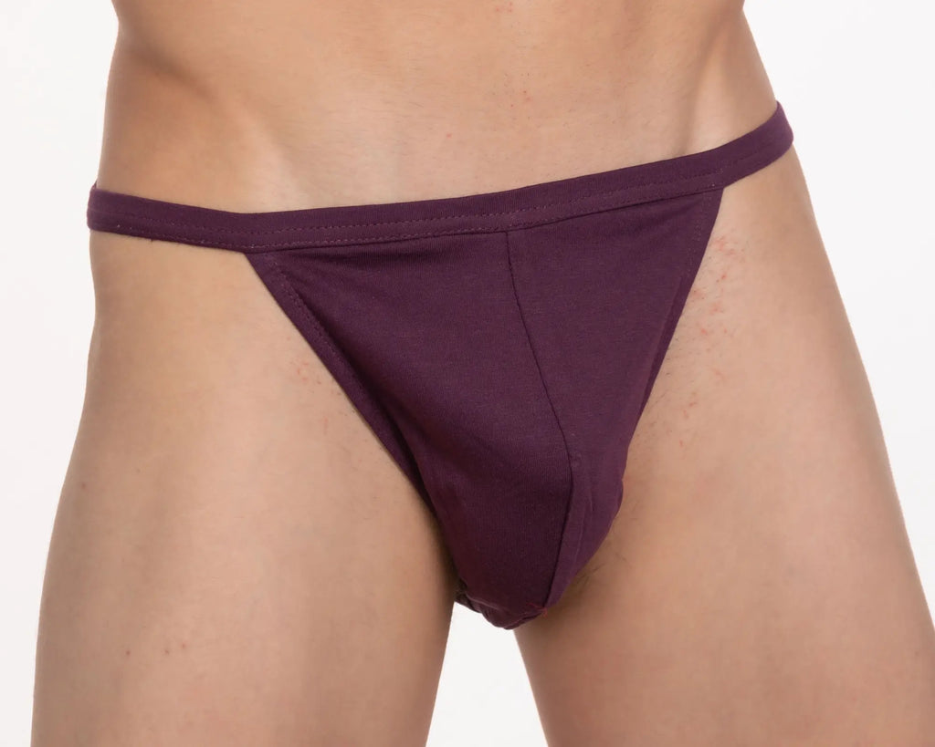 Purple men’s bikini thong made of smooth stretchy fabric in 3-pack contour cutaway style 100 percent cotton