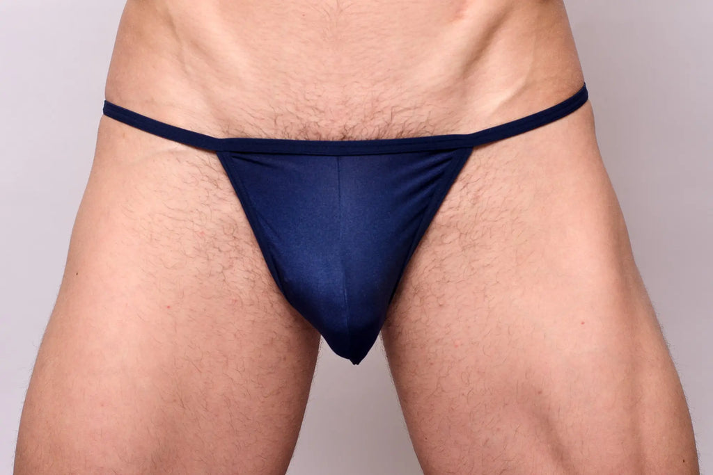 Navy blue thong from 3-pack pride metro string bikini made of smooth stretchable fabric with narrow waistband and minimal coverage