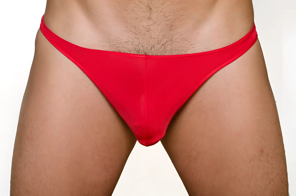 Red form-fitting thong made of smooth stretchy fabric shown from the back in a 3 pack pride metro thong set