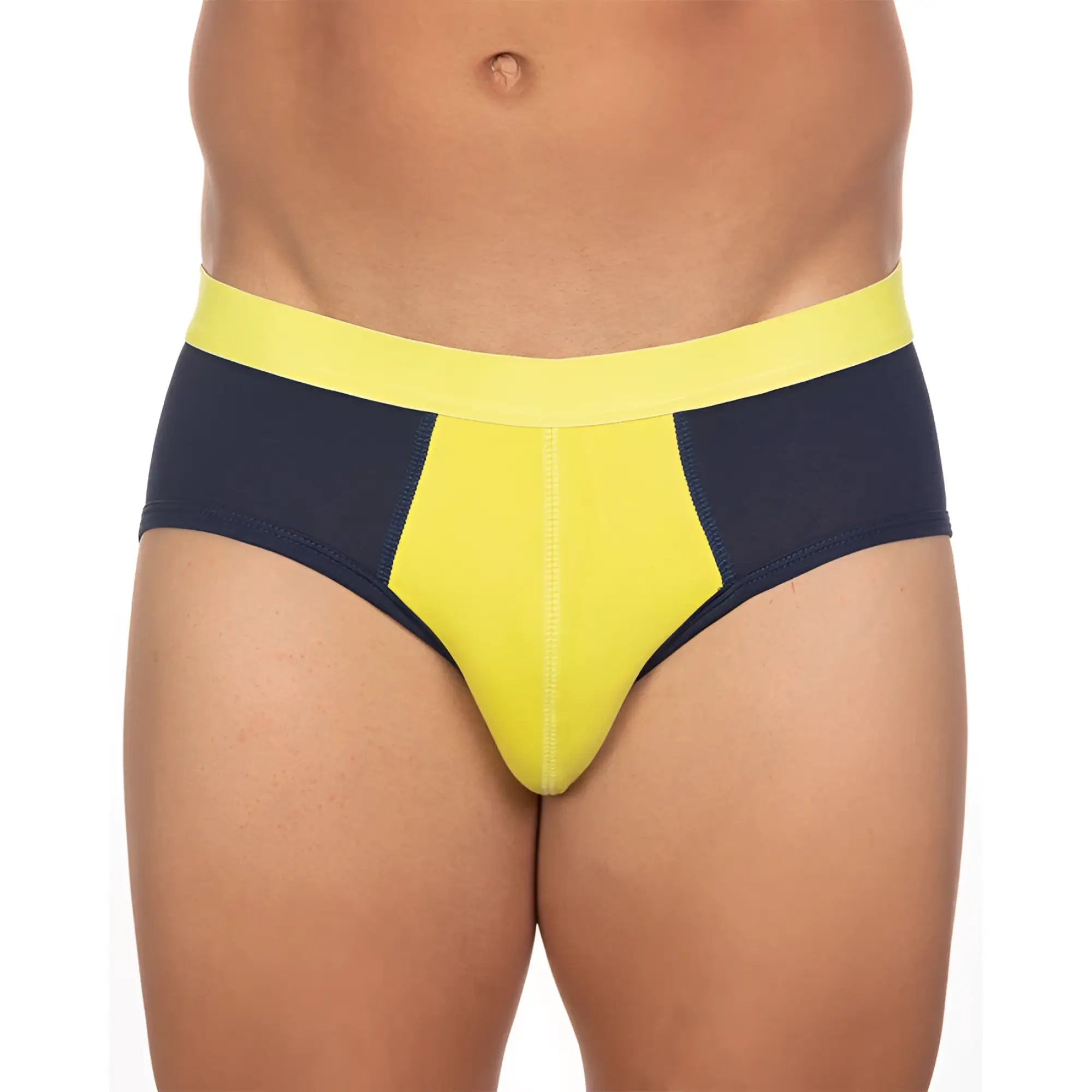 Undergear basix stan two-tone bright yellow and navy blue athletic briefs with bold color-block design in size s and 2xl