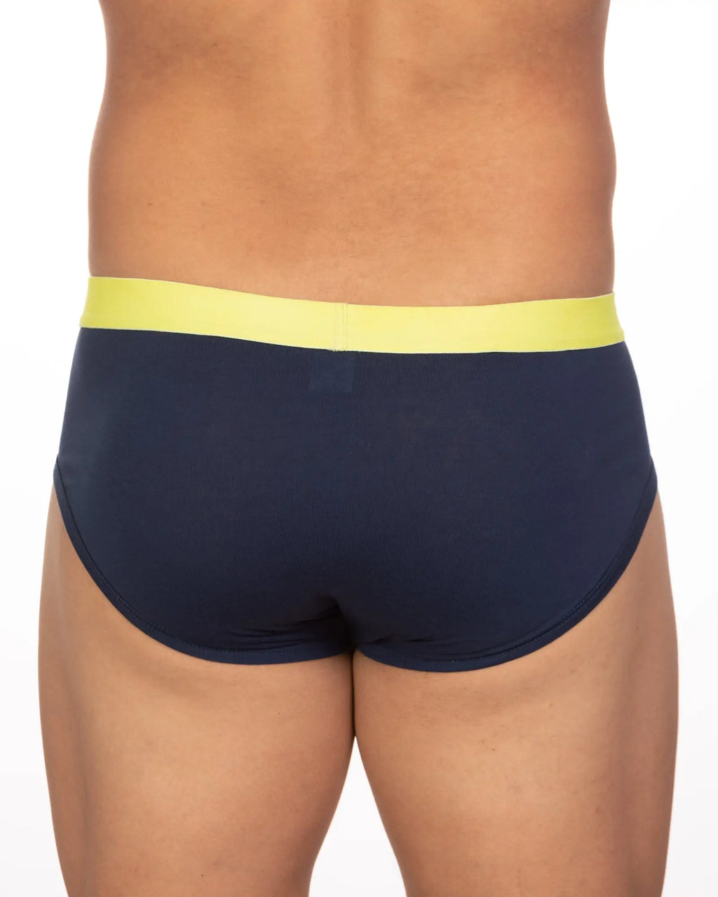 Navy blue briefs with bright yellow elastic waistband undergear basix stan two-tone brief in sizes S and 2XL