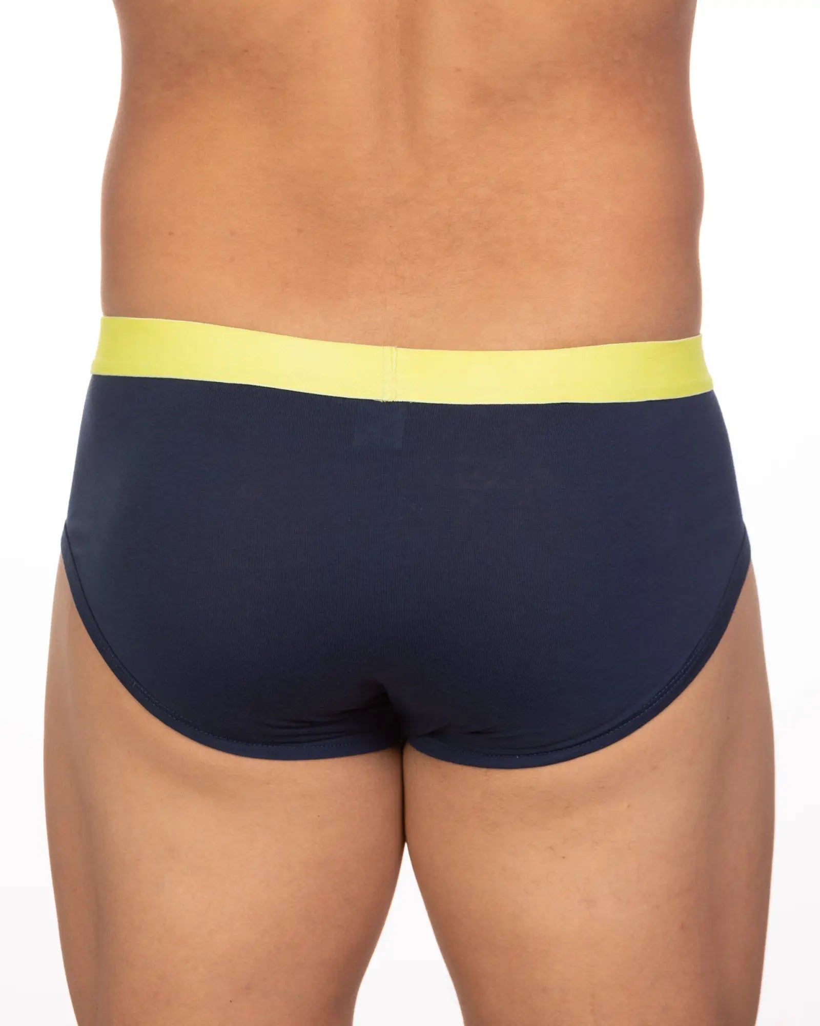Navy blue briefs with bright yellow elastic waistband undergear basix stan two-tone brief in sizes S and 2XL