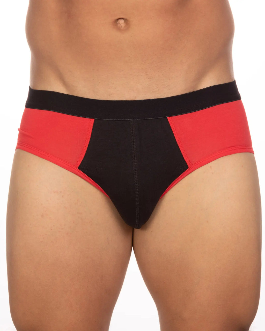 Undergear Basix Stan two-tone brief in red and black athletic fabric with bold color-block design in sizes S and 2XL