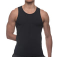 Black sleeveless tank top with round neckline and smooth form-fitting fabric from the body tech maximizer set