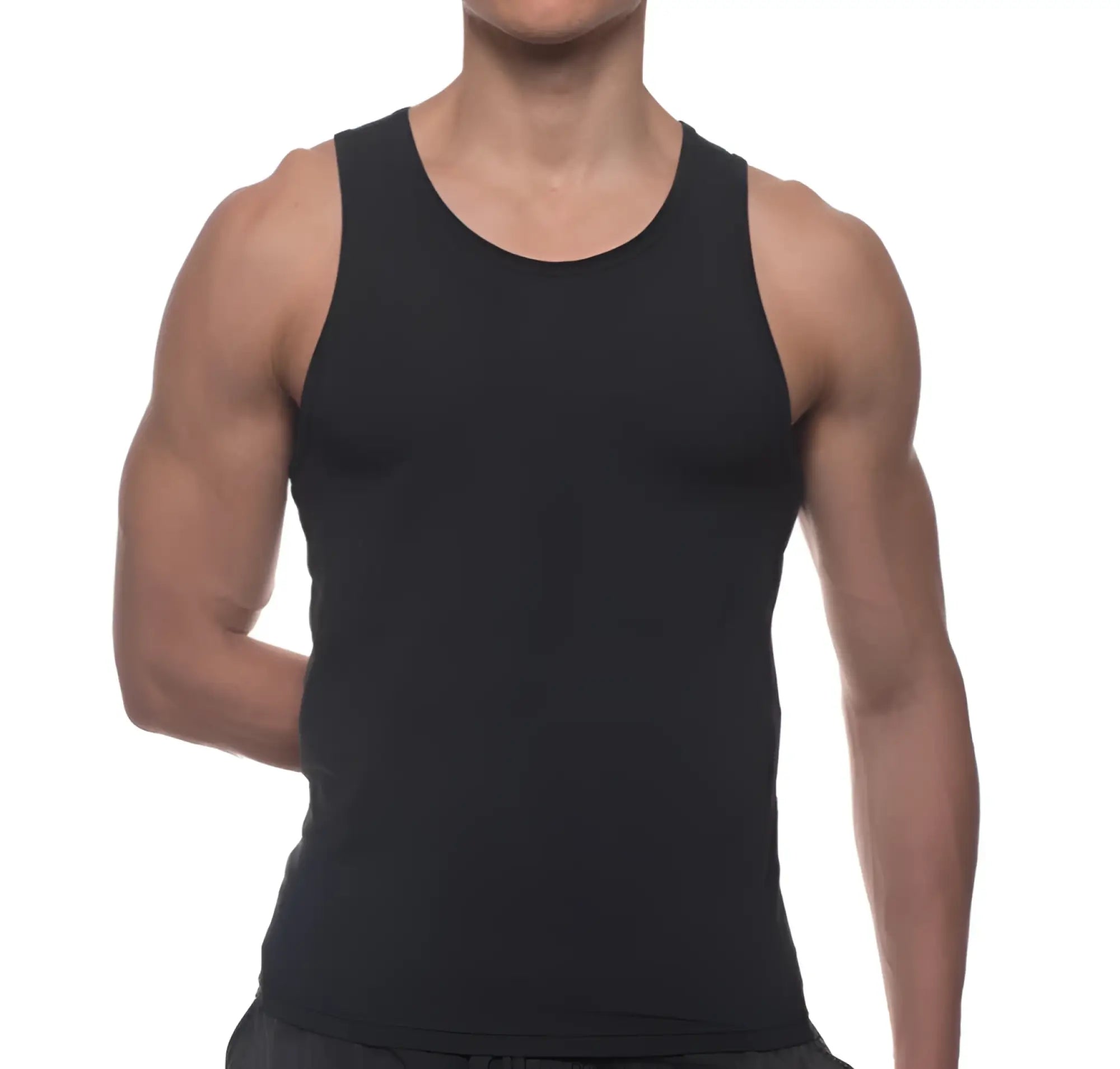 Black sleeveless tank top with round neckline and smooth form-fitting fabric from the body tech maximizer set