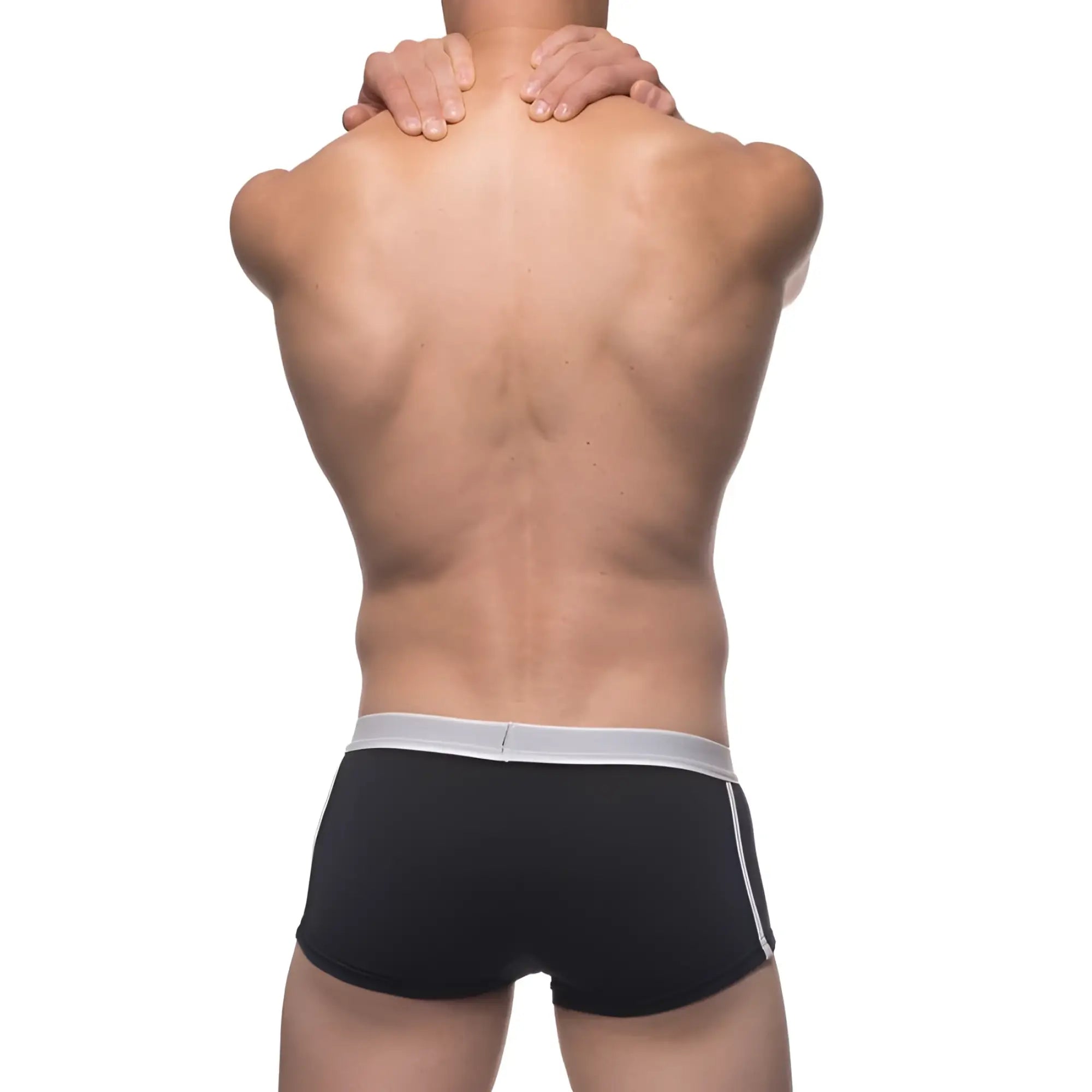 Black briefs from body tech maximizer set with white elastic waistband and side stripes in soft breathable fabric