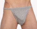 Gray heathered cotton contour cutaway men’s bikini briefs with narrow waistband and central seam front view