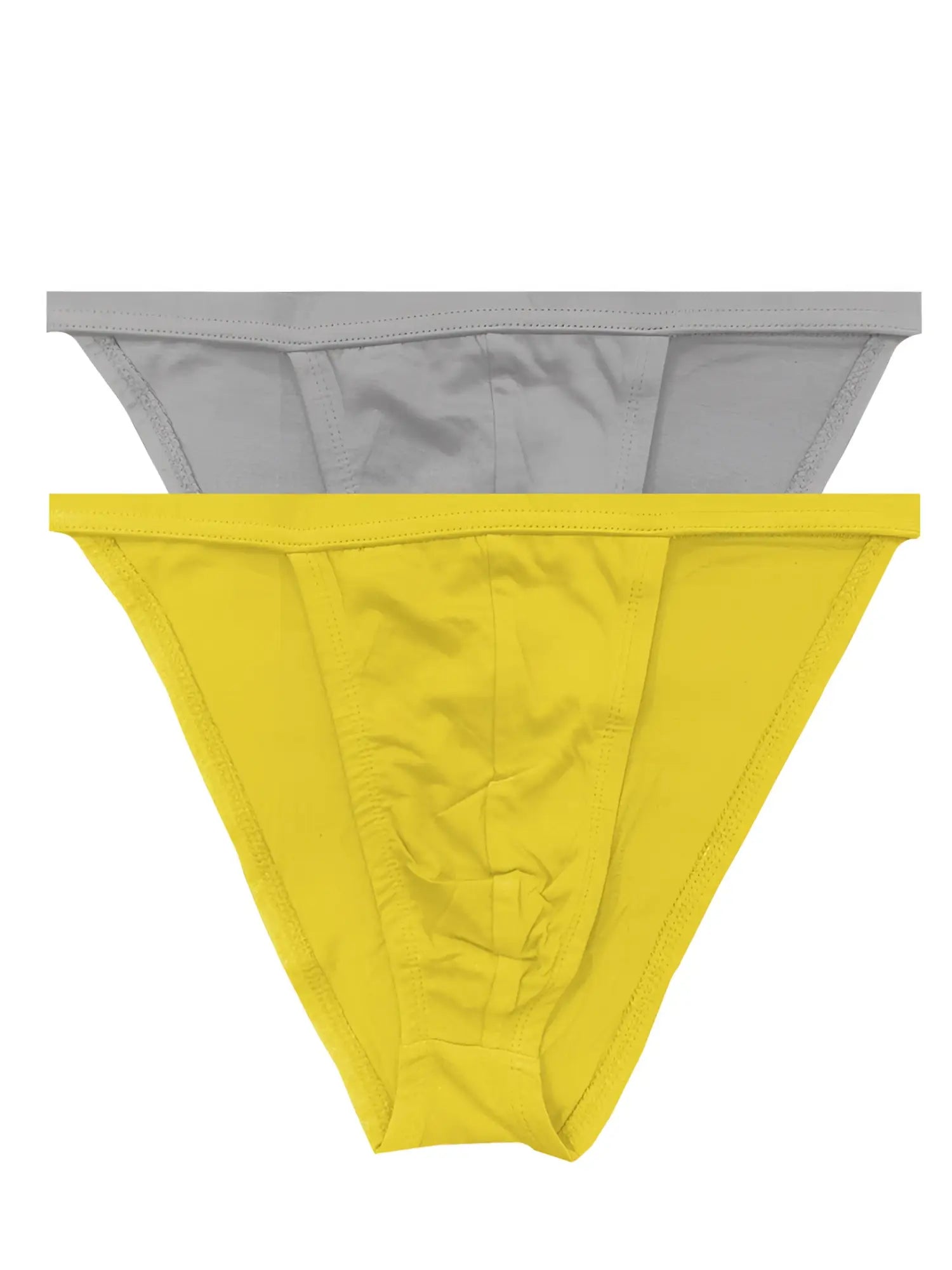 A pair of bright yellow and gray contour cutaway men’s bikini briefs made from smooth stretchy fabric