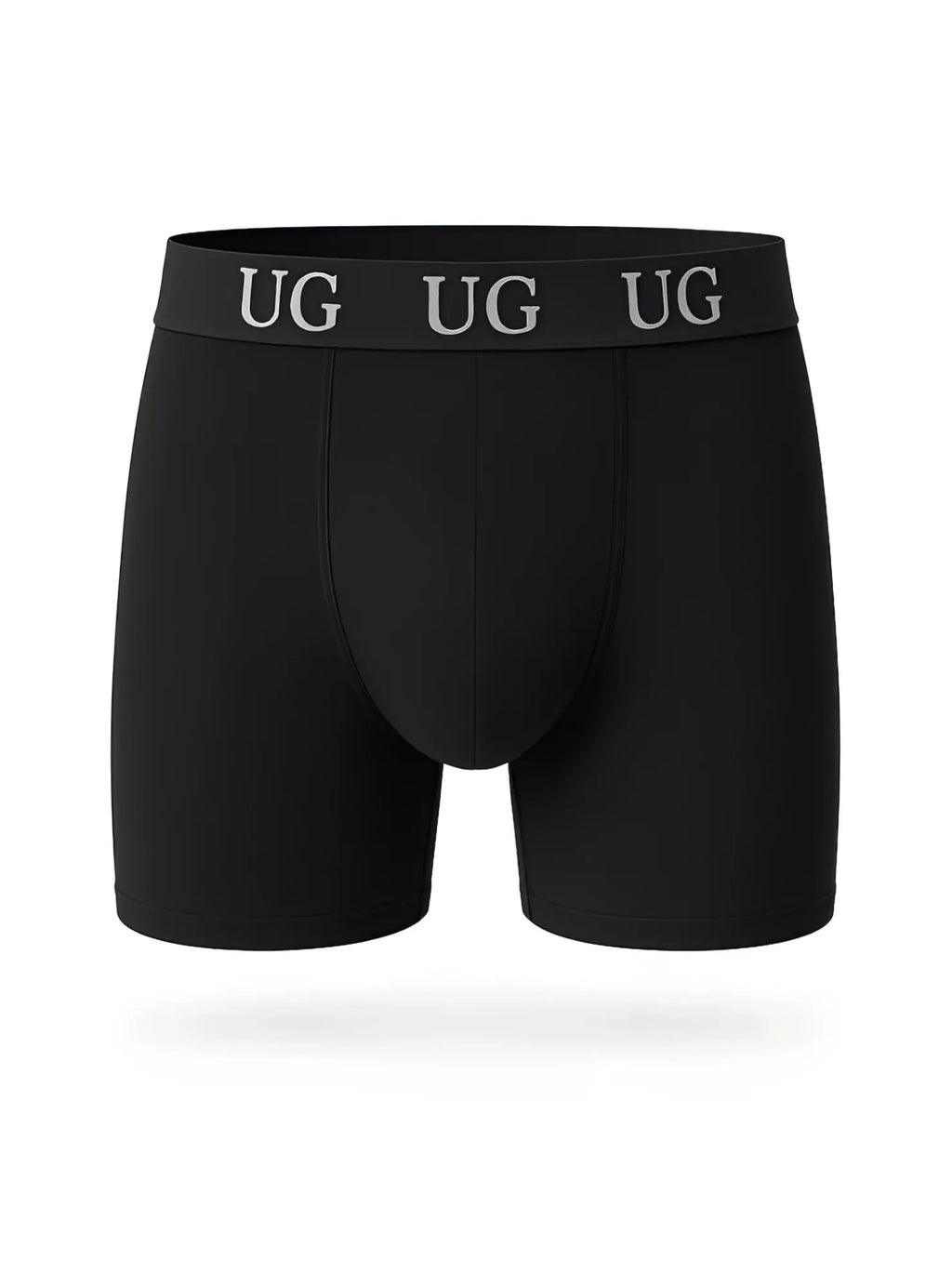 Black Undergear cotton trunk boxer briefs with snug waistband featuring repeating silver ug lettering