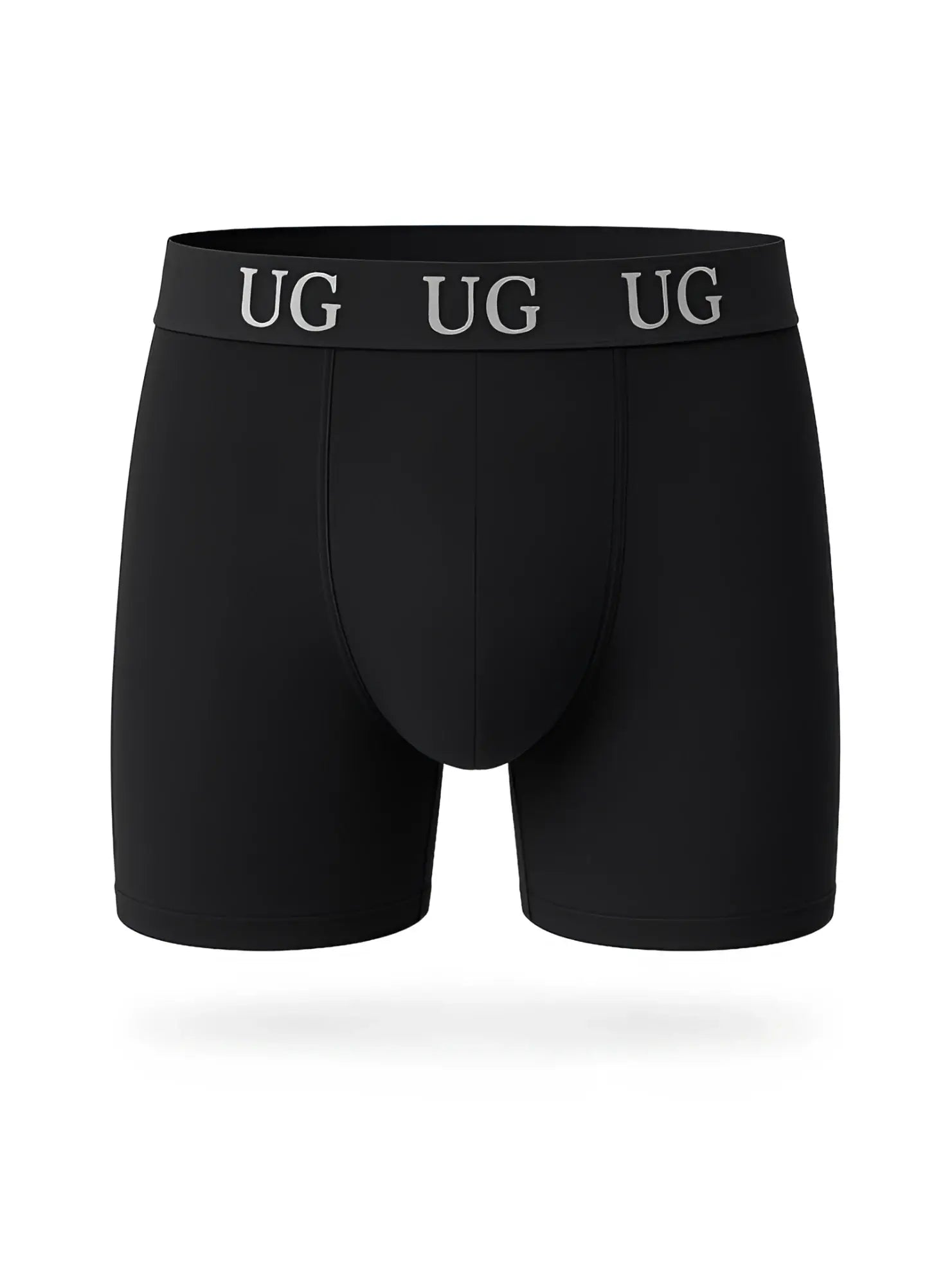Black Undergear cotton trunk boxer briefs with snug waistband featuring repeating silver ug lettering