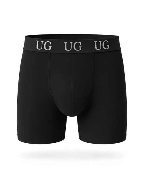 Black Undergear cotton trunk boxer briefs with snug waistband featuring repeating silver ug lettering