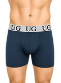 Navy blue undergear cotton trunk boxer briefs with a white elastic waistband featuring black ug lettering