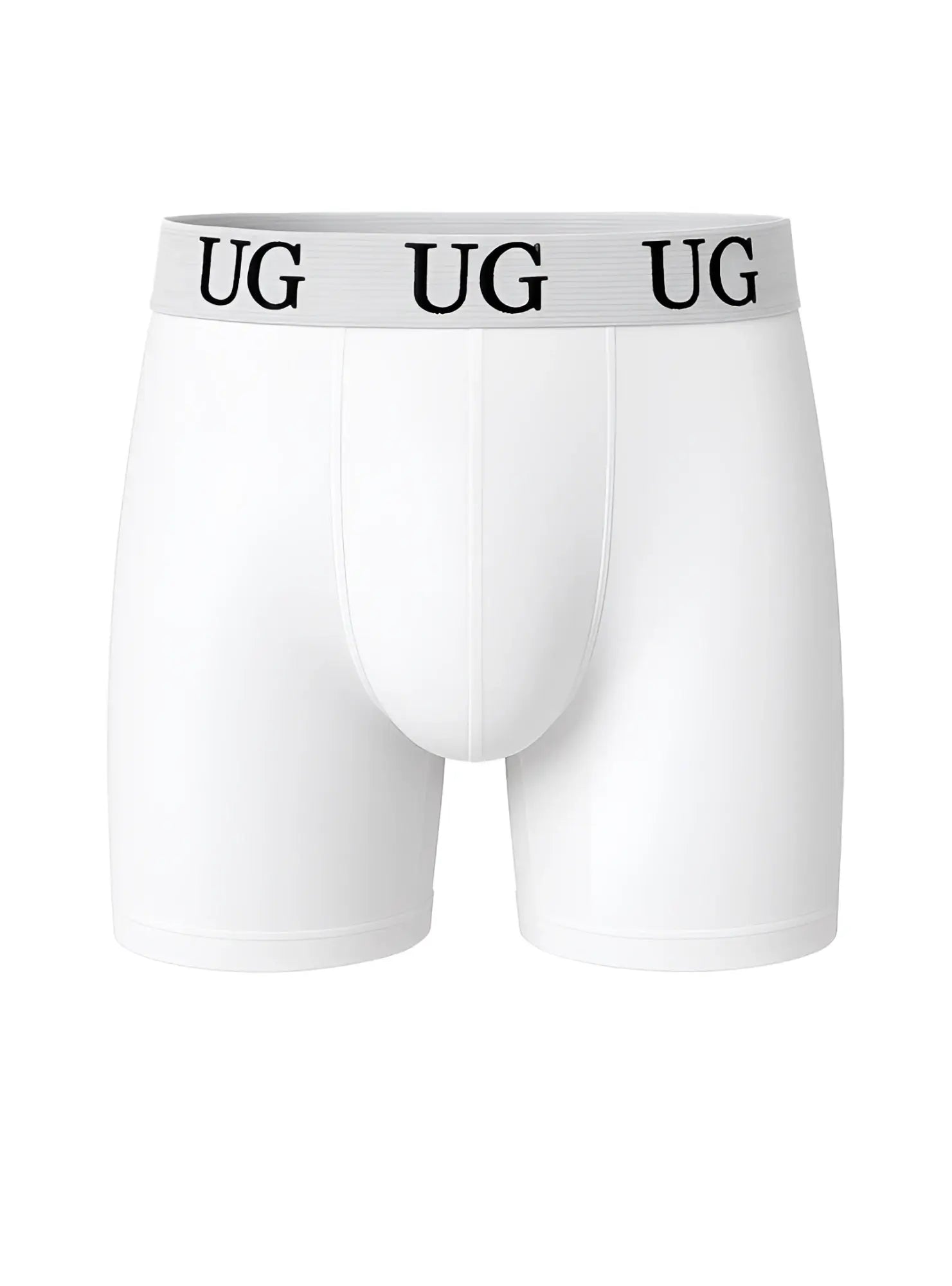 White Undergear cotton boxer briefs with gray waistband featuring black ug lettering for comfortable daily wear