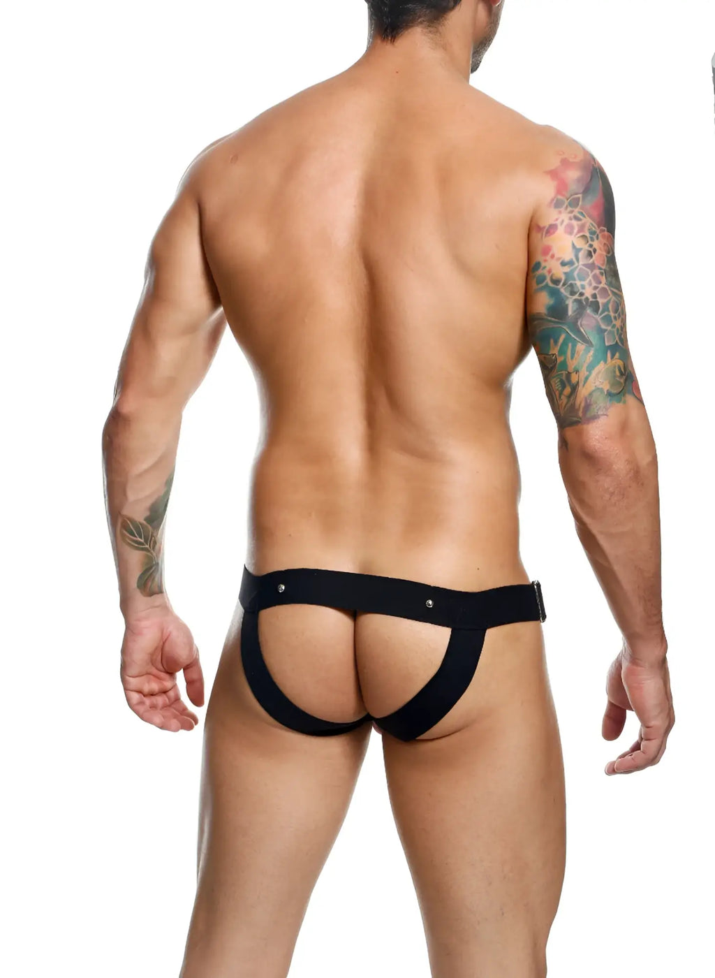 Black DNGEON cockring jockstrap with sleek form-fitting design and wide waistband featuring silver-toned hardware