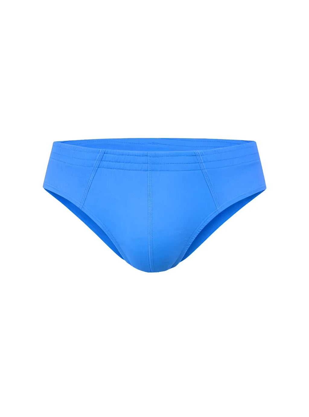 Bright blue essential cotton brief swim trunks with smooth stretchy fabric and subtle seam detailing front view