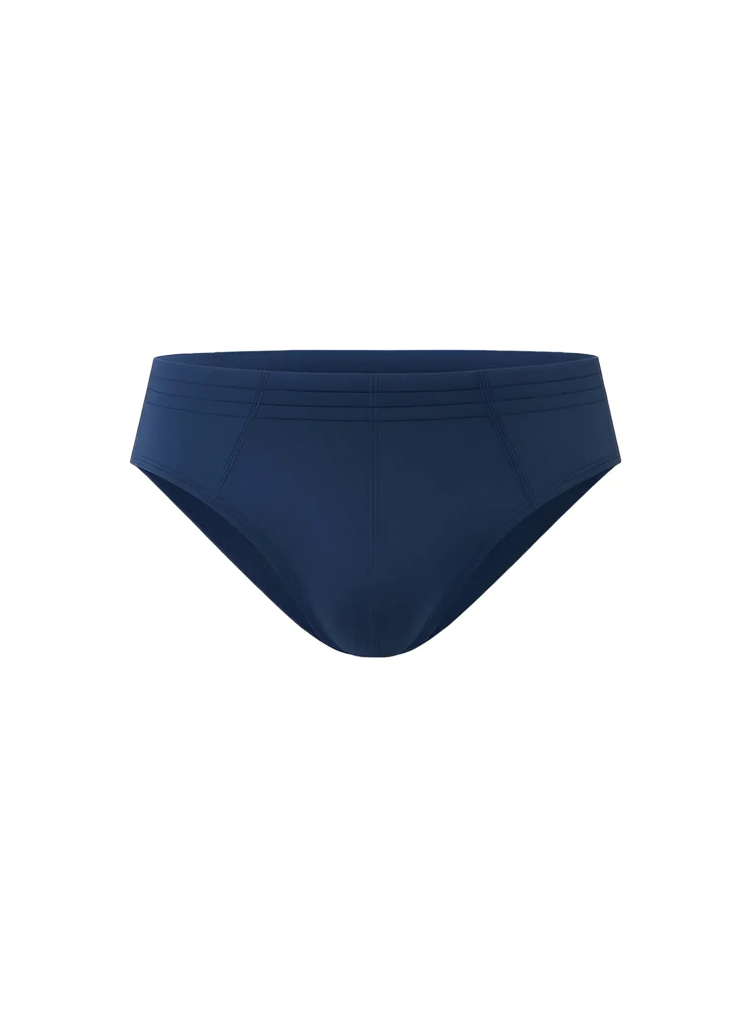Navy blue essential cotton brief swim trunks with smooth stretchy fabric and subtle horizontal stitching on waistband
