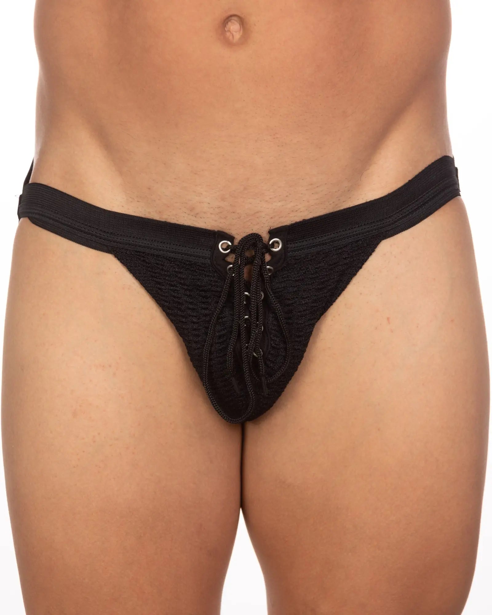 Black undergear fizx mark solid knit jockstrap with lace-up thong design textured fabric and metallic eyelets