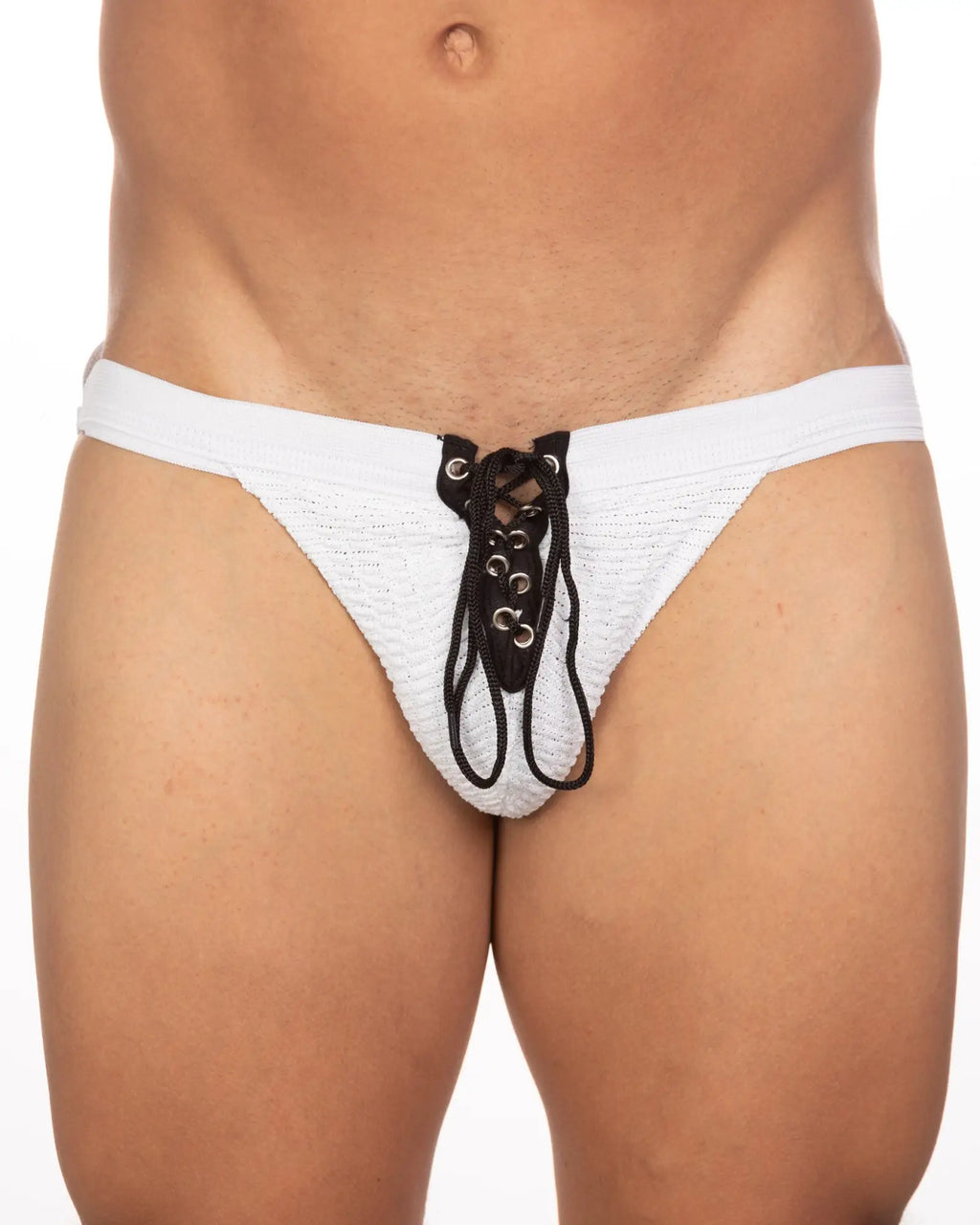 Undergear fizx mark solid knit jockstrap white textured lace-up briefs with black laces and metal eyelets