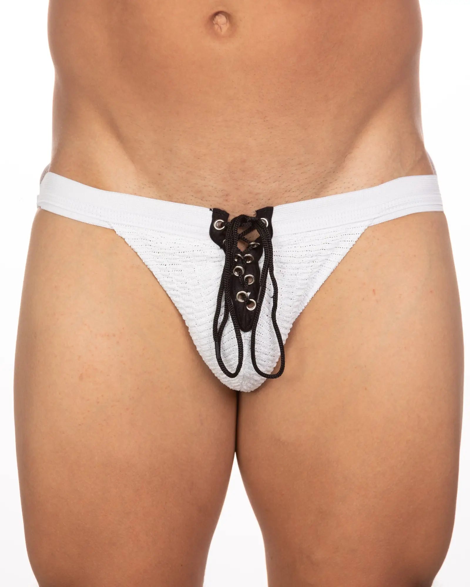 Undergear fizx mark solid knit jockstrap white textured lace-up briefs with black laces and metal eyelets
