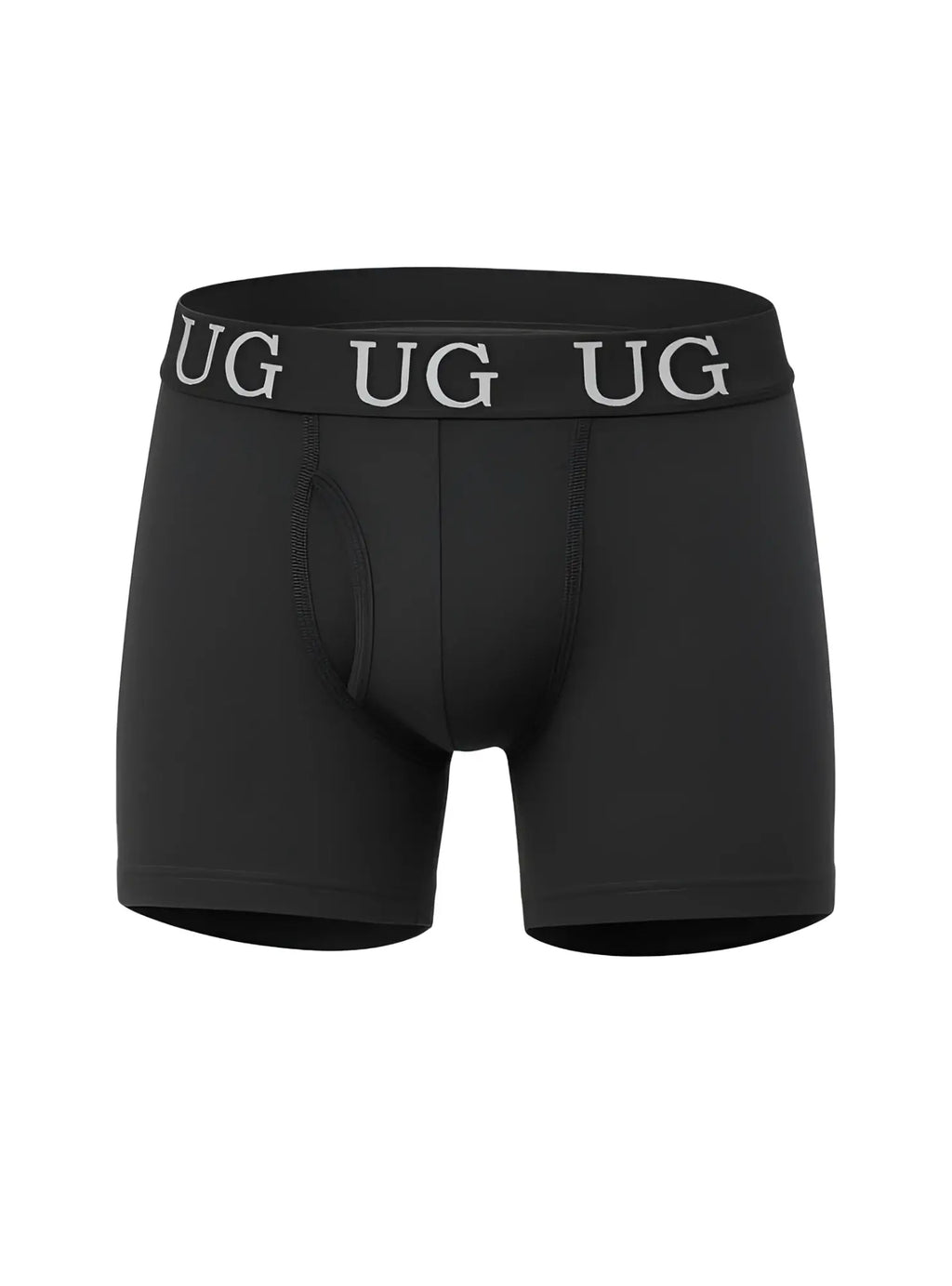 Black undergear fly front cotton boxer brief with gray ug logo waistband and comfortable breathable fabric