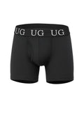 Black undergear fly front cotton boxer brief with gray ug logo waistband and comfortable breathable fabric