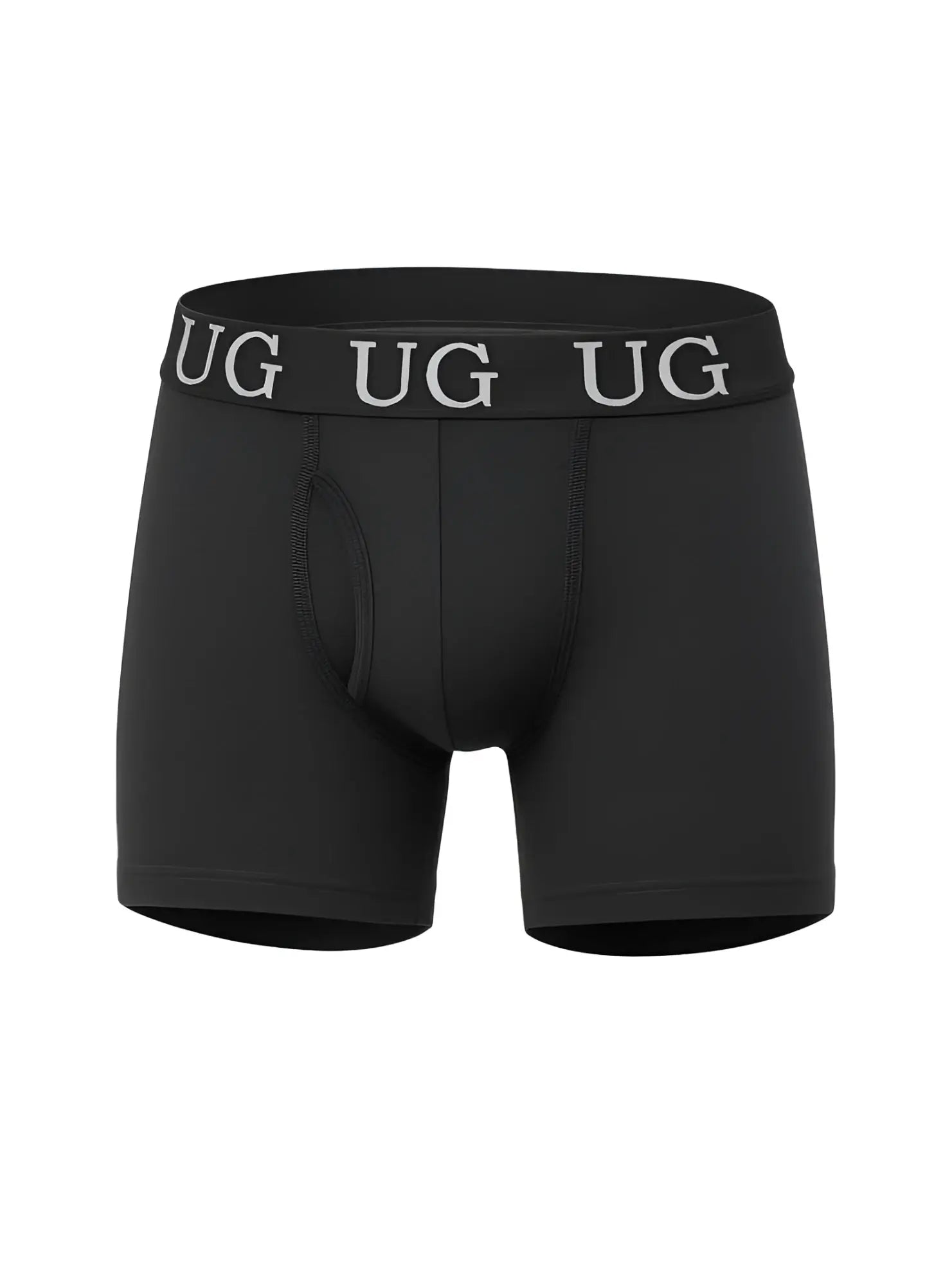 Black undergear fly front cotton boxer brief with gray ug logo waistband and comfortable breathable fabric