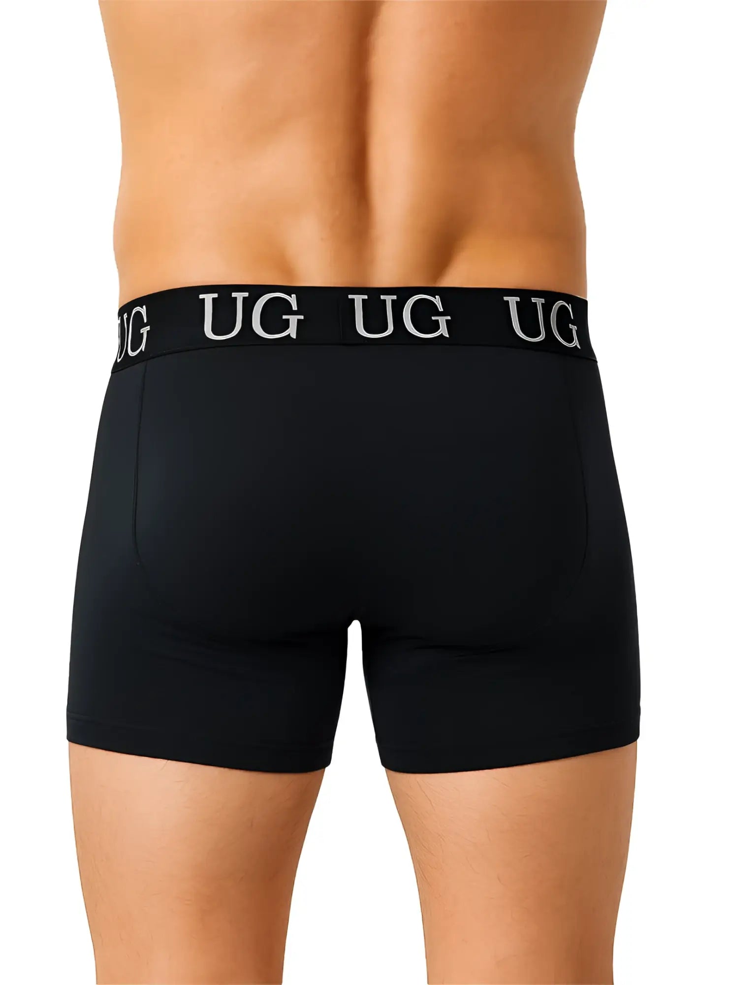 Black undergear fly front cotton boxer brief with a white ug logo band around the waist