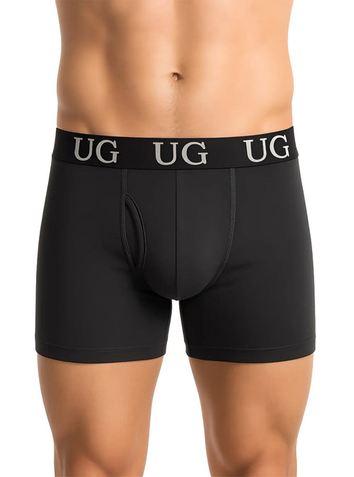 Undergear fly front cotton boxer brief in black with repeated white ug logo on the waistband