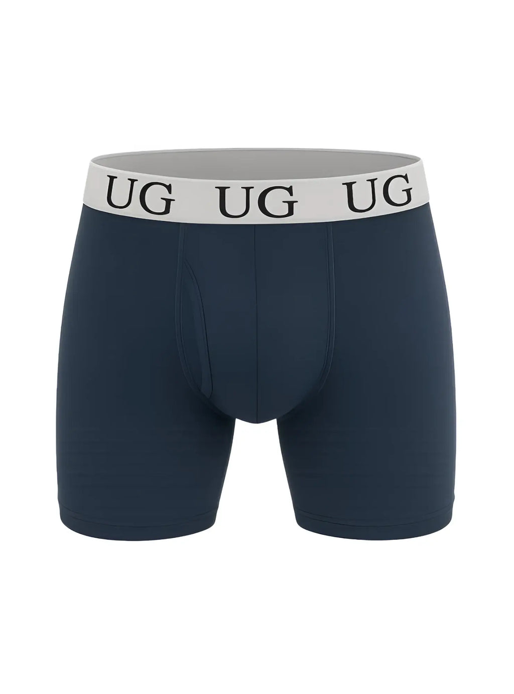 Navy blue undergear fly front cotton boxer brief with white elastic waistband and black ug logo lettering