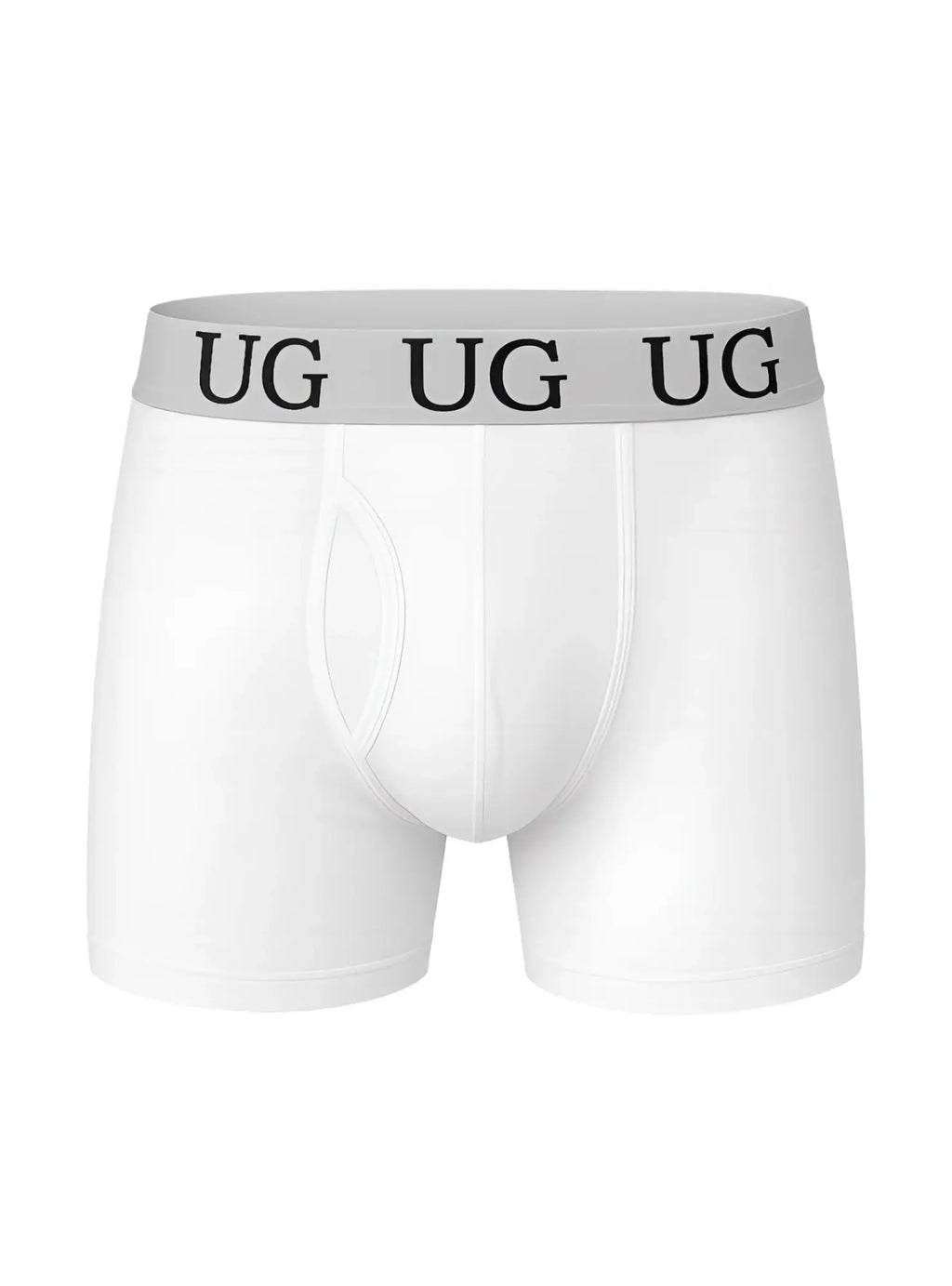 White undergear fly front cotton boxer brief with gray waistband and black ug lettering