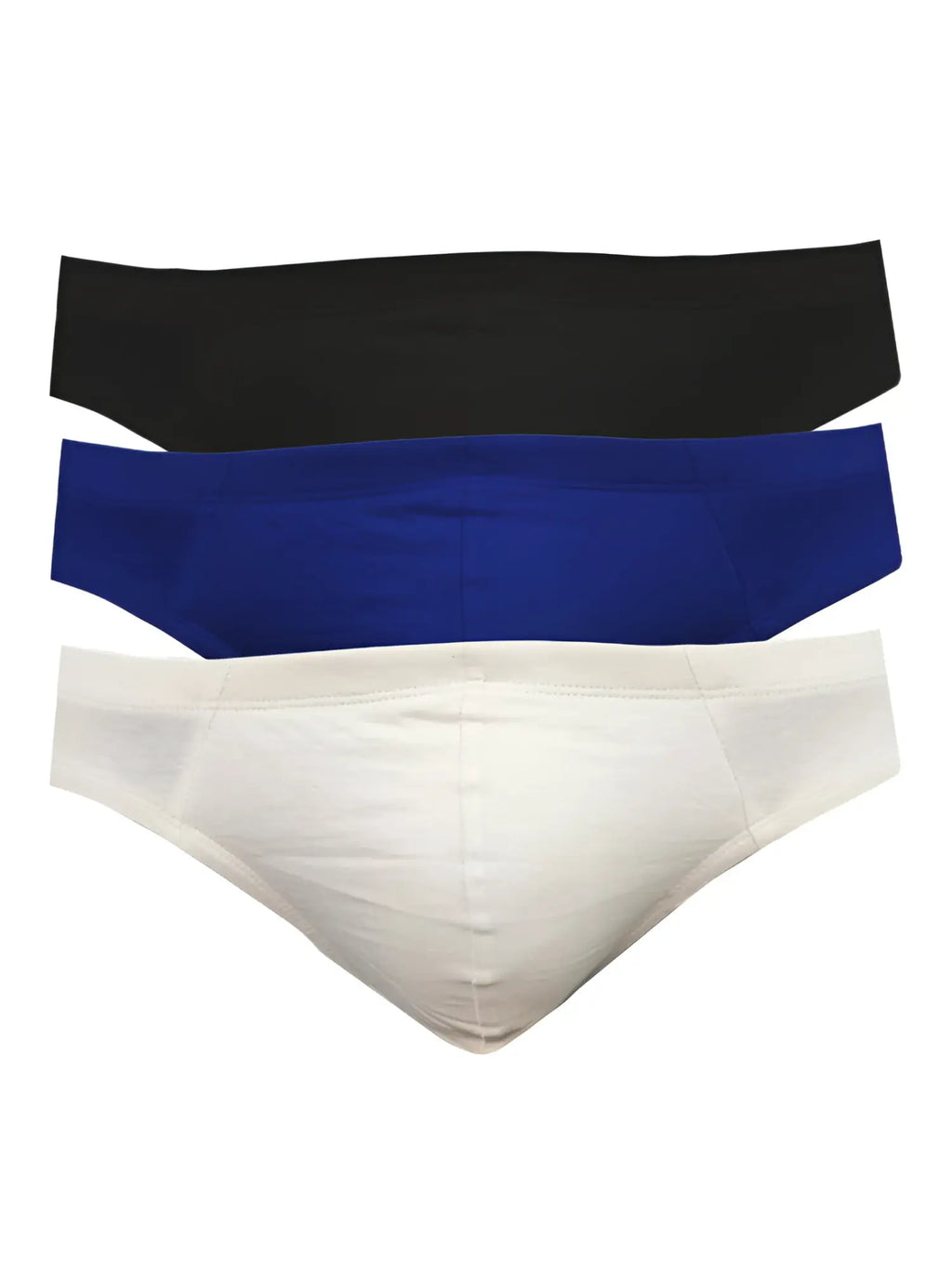 Three-pack of ug contour french brief men’s briefs in black royal blue and white with contour pouch support